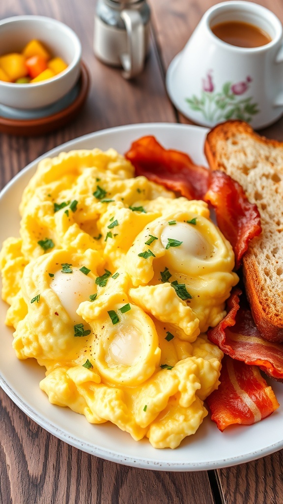 Fluffy scrambled eggs with herbs, crispy bacon, and toast on a rustic table.